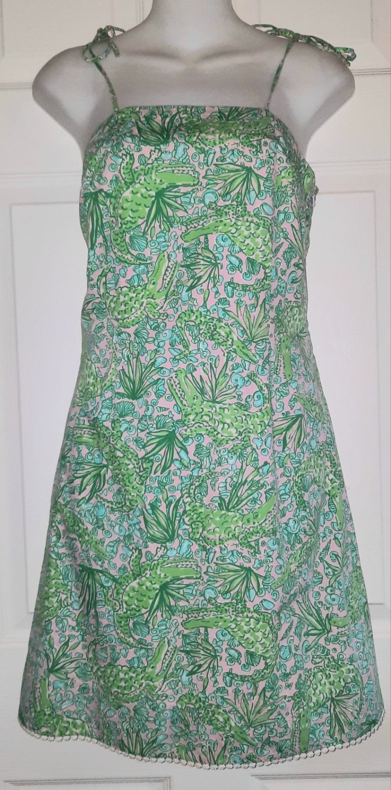 Lilly Pulitzer “See Ya Later Alligator” Dress Tie Straps Pom Pom Trim Size 2