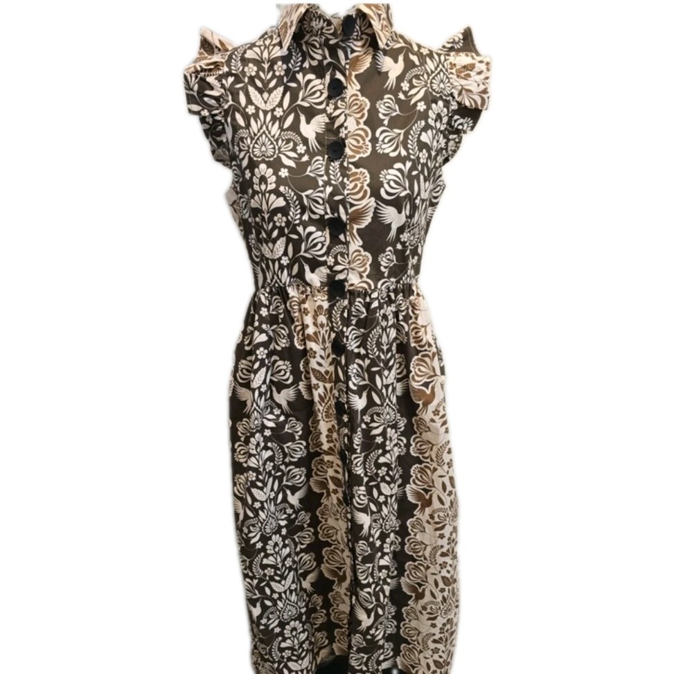 The Lulo Project Brown/White Floral Collared Button Cap Sleeve Midi Dress M