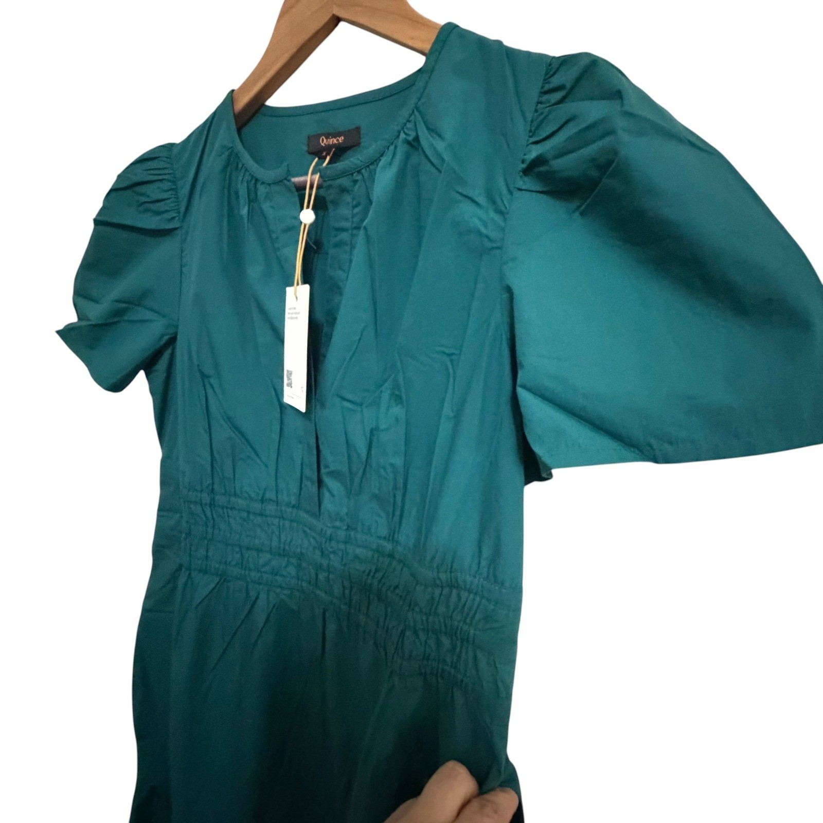 Quince Organic Cotton Poplin Smocked Maxi Dress Green Puff Sleeve Tiered Small