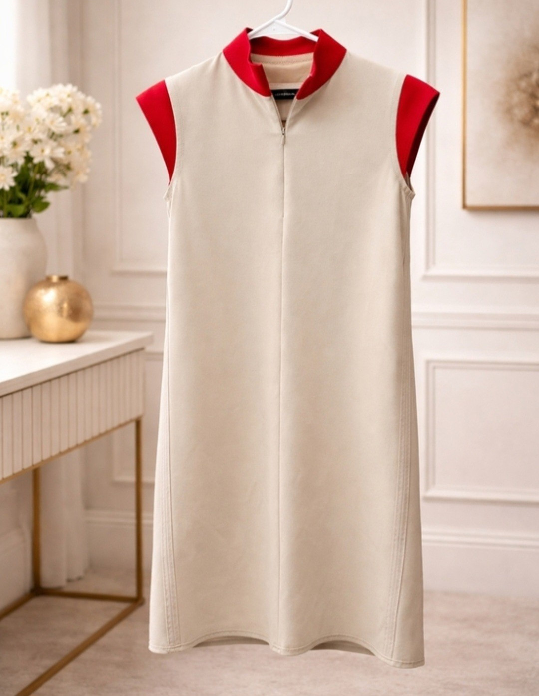 Marie Saint Pierre Sleeveless Collared Zip Shift Dress Beige/Red Knit Small