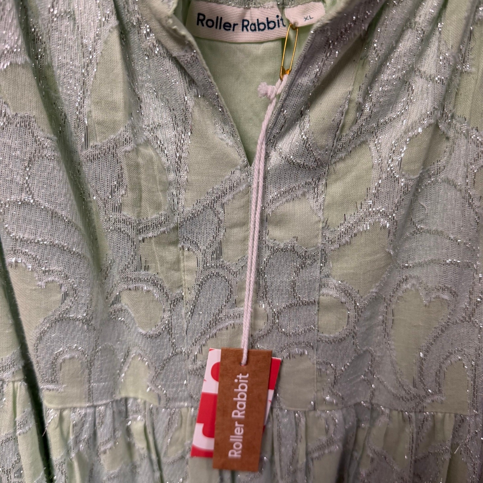 NWT Roller Rabbit Light Green Silver Metallic Print Maxi Dress Womens Size XL