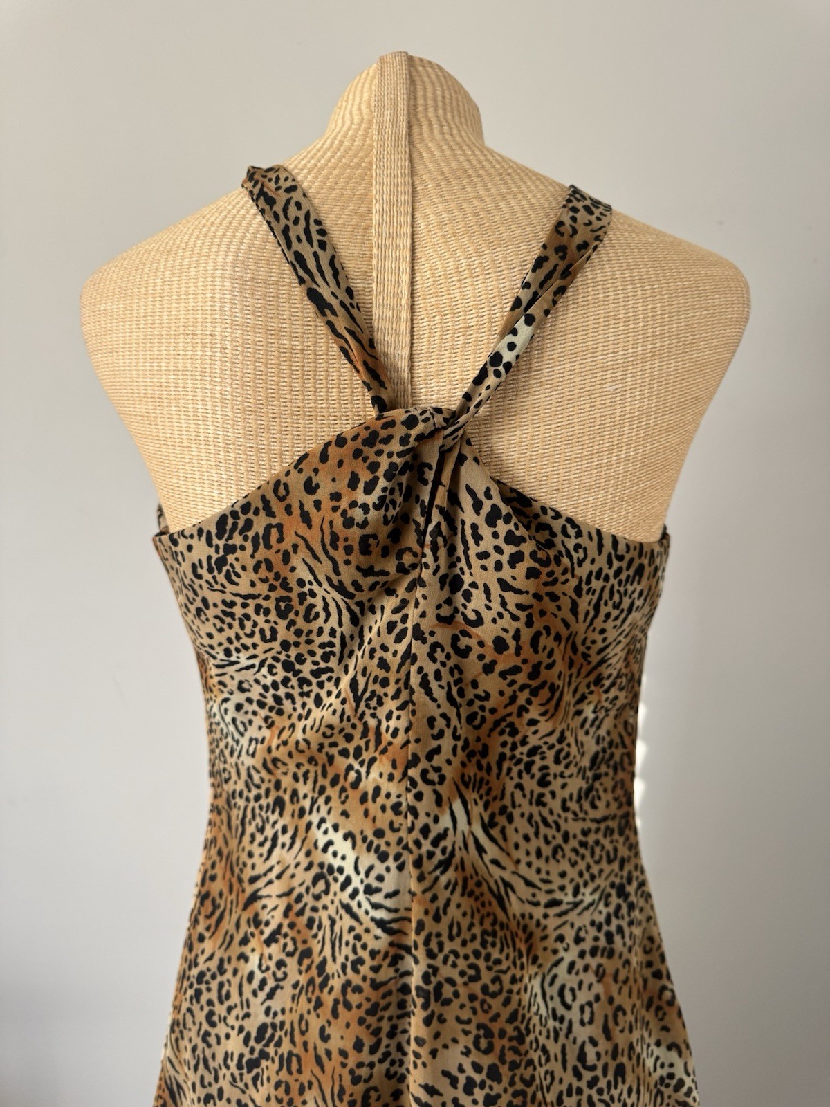 VTG 80s 90s Leopard Cheetah Animal Print Maxi Dress Flowy Criss Cross Back Sz 10