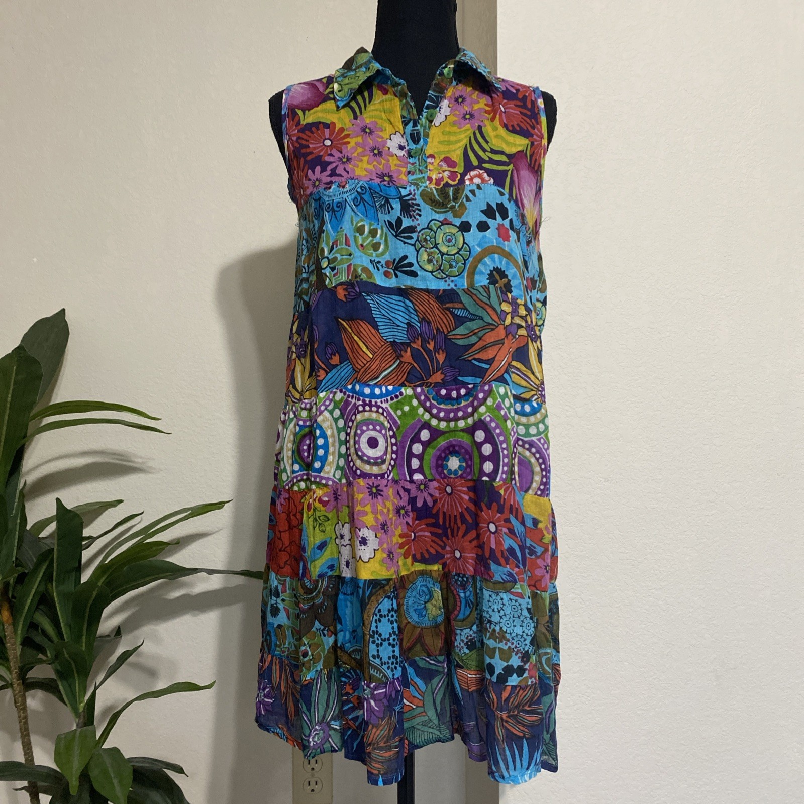 ETC VTG Multi-Color Patchwork Floral Dress S Lightweight Cotton Artsy Vacation