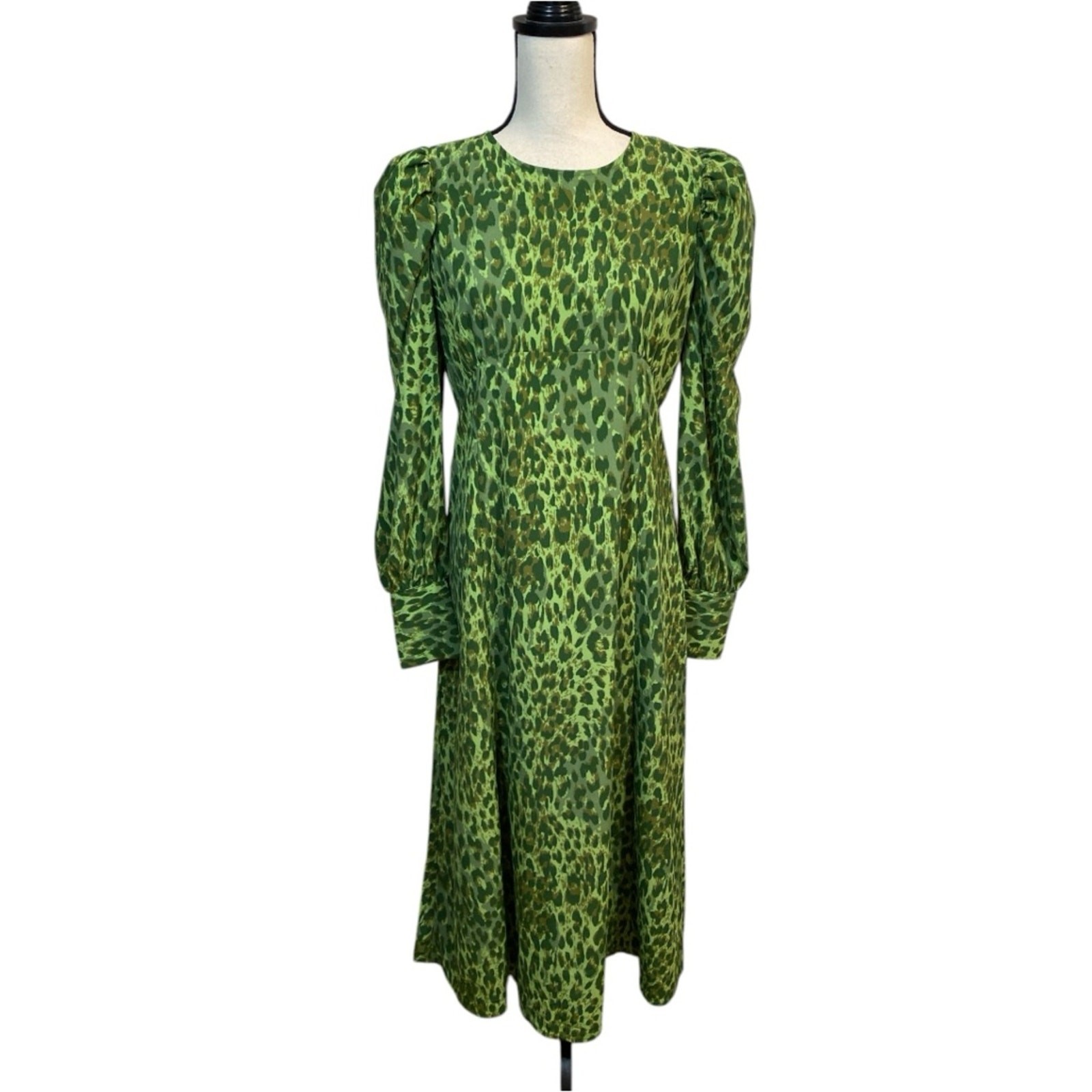 Vila Green Leopard Print Long Sleeve Empire Waist Dress Small