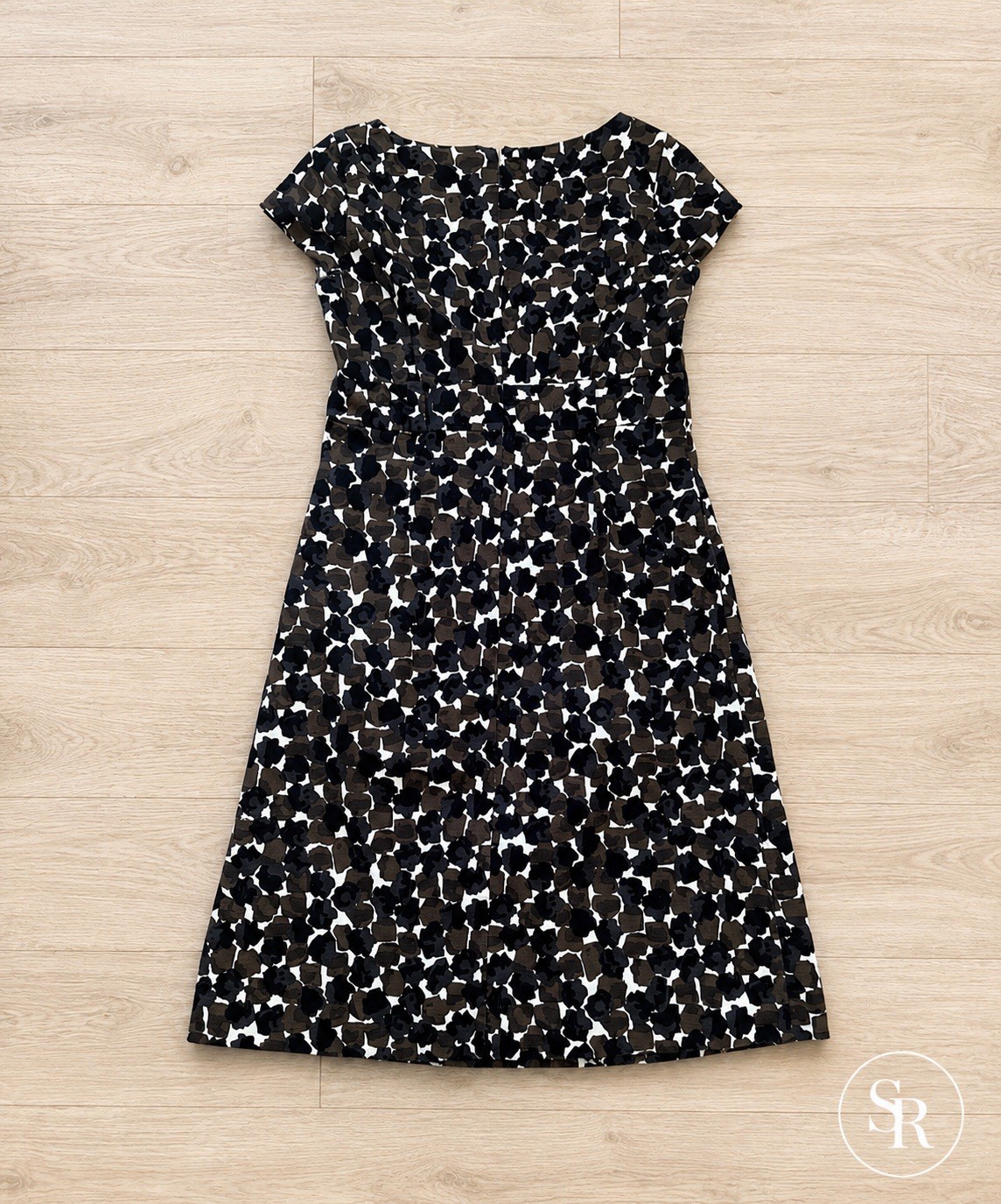 Boden Textured Patterned Dress Black Brown Ivory Size 10L Midi Pockets EUC