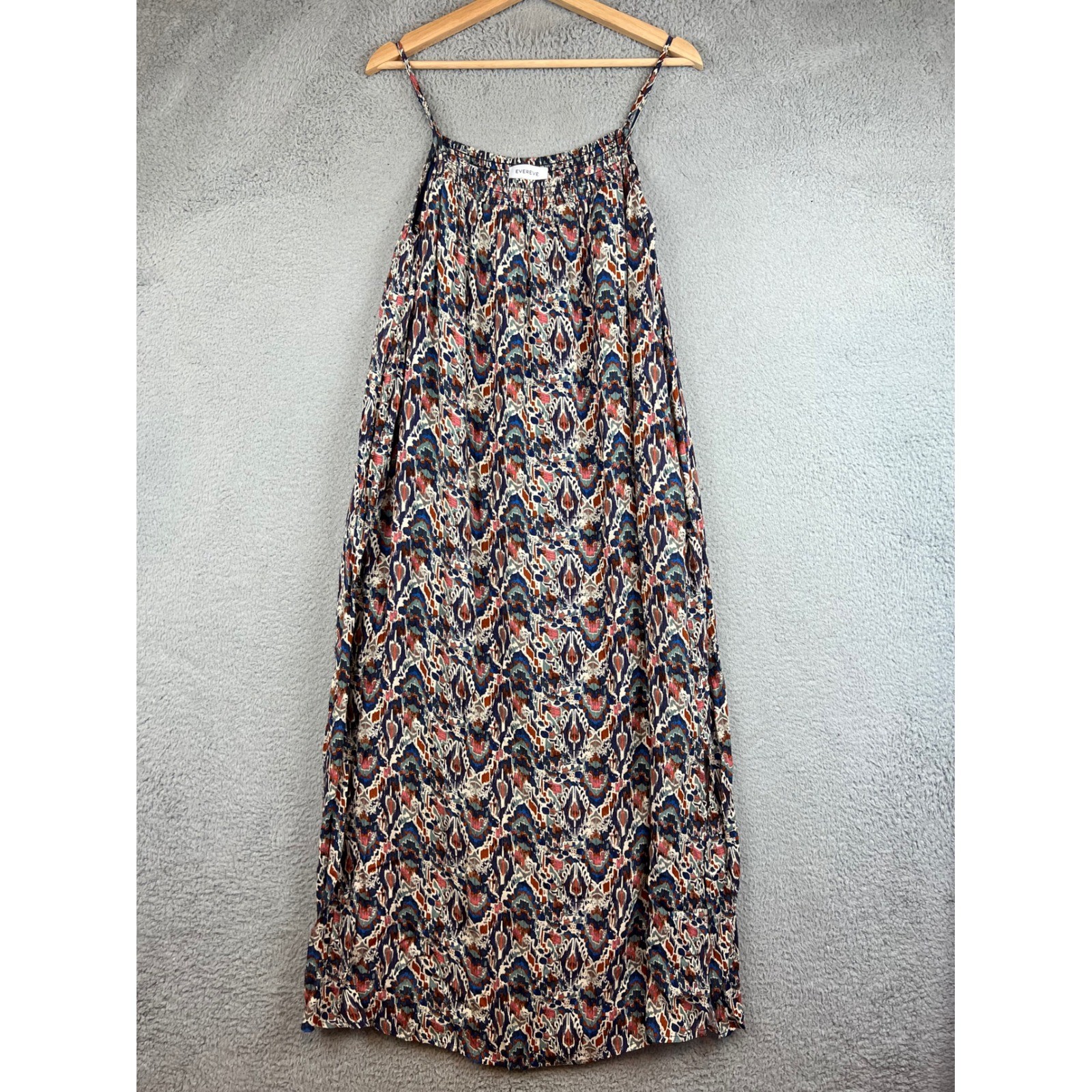 Evereve Womens Blue Ikat Print Smocked Maxi Dress Side Slit Pockets Small