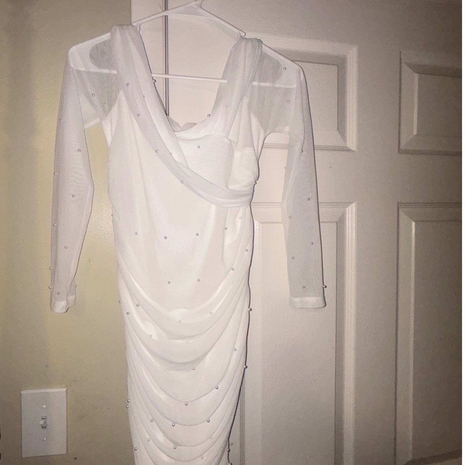 SHEIN White Ruched Pearl Embellish Mesh Long Sleeve Cowl Neck Bodycon Dress S 4