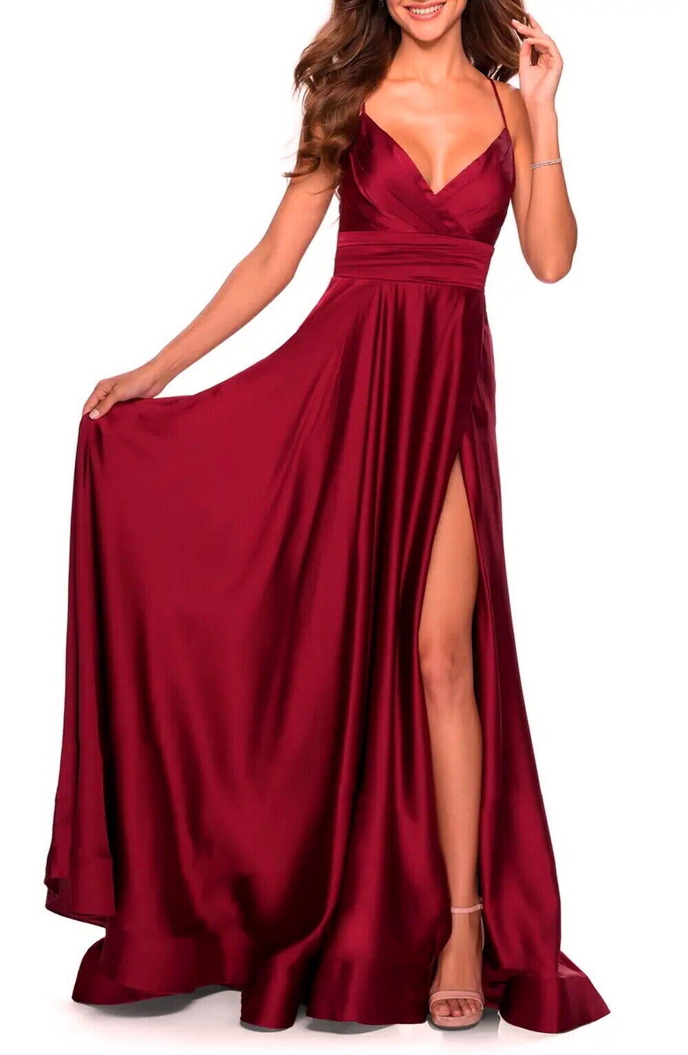 La Femme Wine Red Strappy Back Side Slit Satin Ballgown Size 2 $368