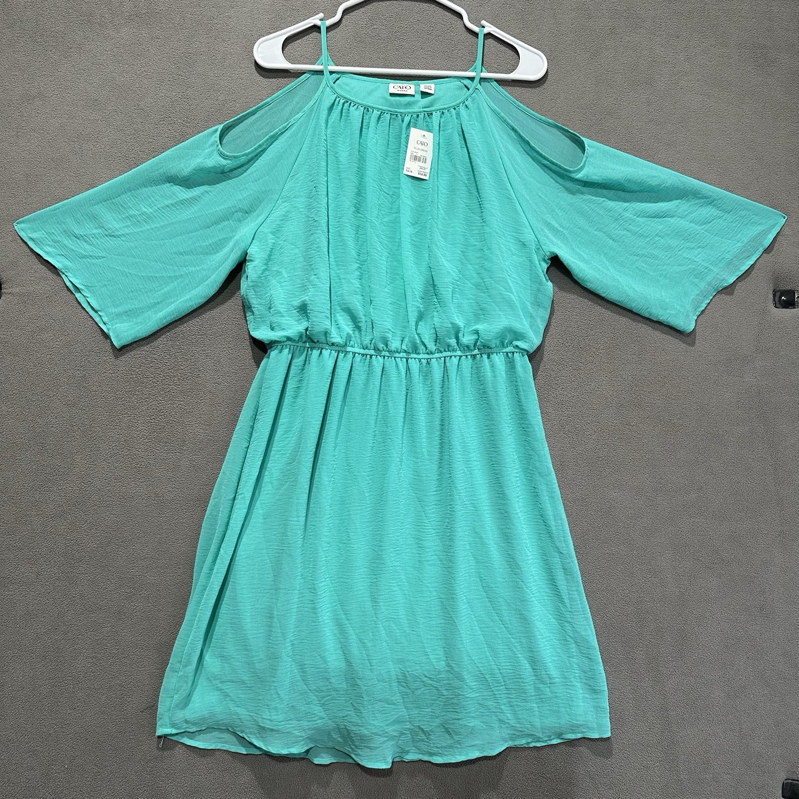 NWT Cato Dress Womens 14/16W Pool Green Cold Shoulder Short Sleeve Elastic Waist
