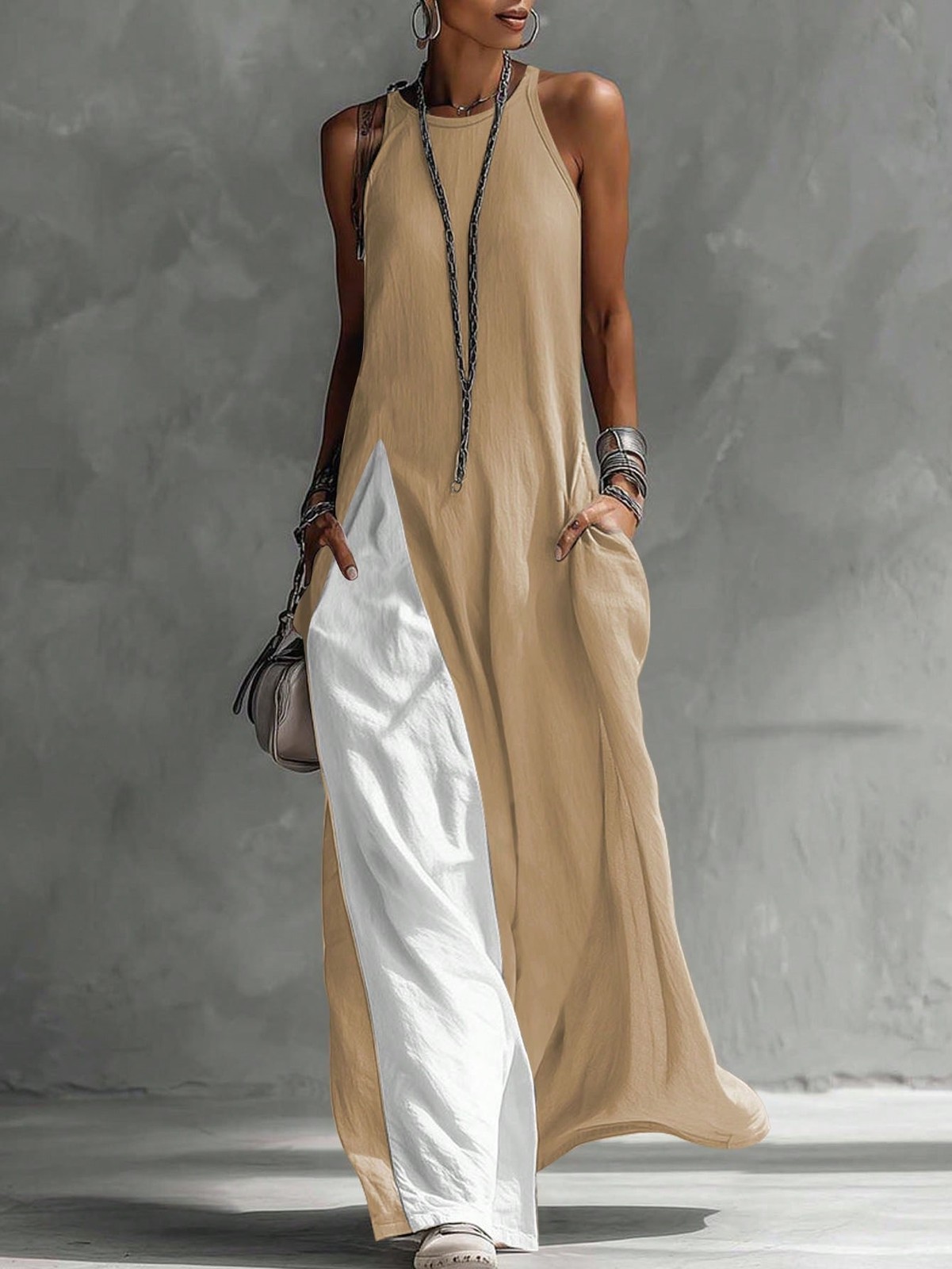 Womens Linen Blend Long Dress With Spaghetti Straps