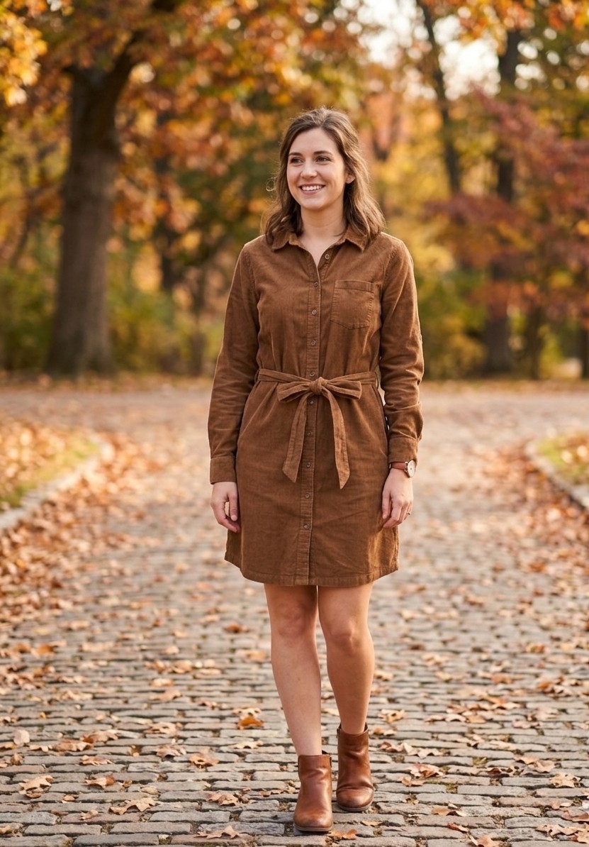 Lands’ End Women’s Brown Corduroy Tie-Waist Shirt Dress Adjustable Sleeve NWT