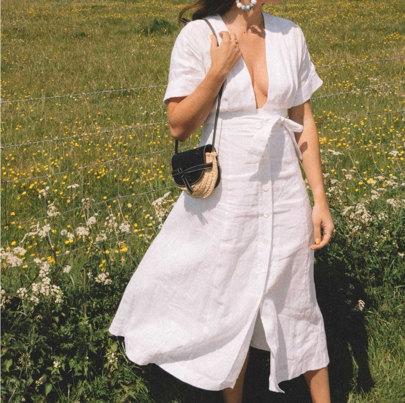 $395 Equipment Femme Nauman White Linen Belted Button Up Wrap V-Neck Dress Sz 2
