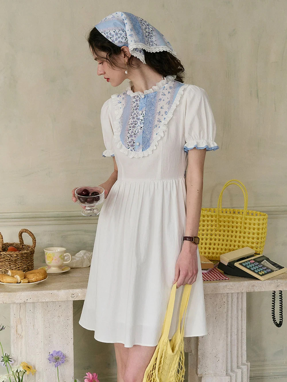Katie Lace Round Neck Striped Floral Contrast Puff Sleeve Patchwork Cotton Dress
