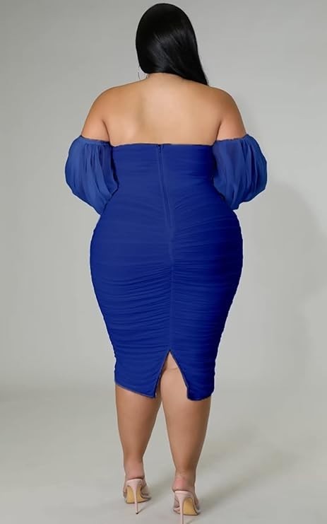 New Women Plus Size Off Shoulder Mesh Long Sleeve Ruched Midi Dress Size 2X