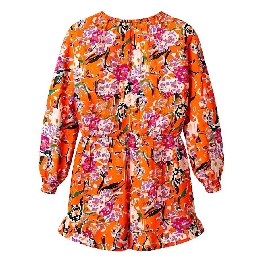 NEW DELUC LARGE Romper Orange Floral Print Tie Neck Long Sleeve Ruffle – AC