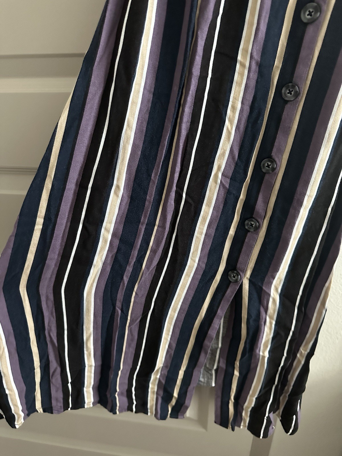 Purple Black White Beige Striped Button Midi Sundress Sleeveless V-Neck Casual