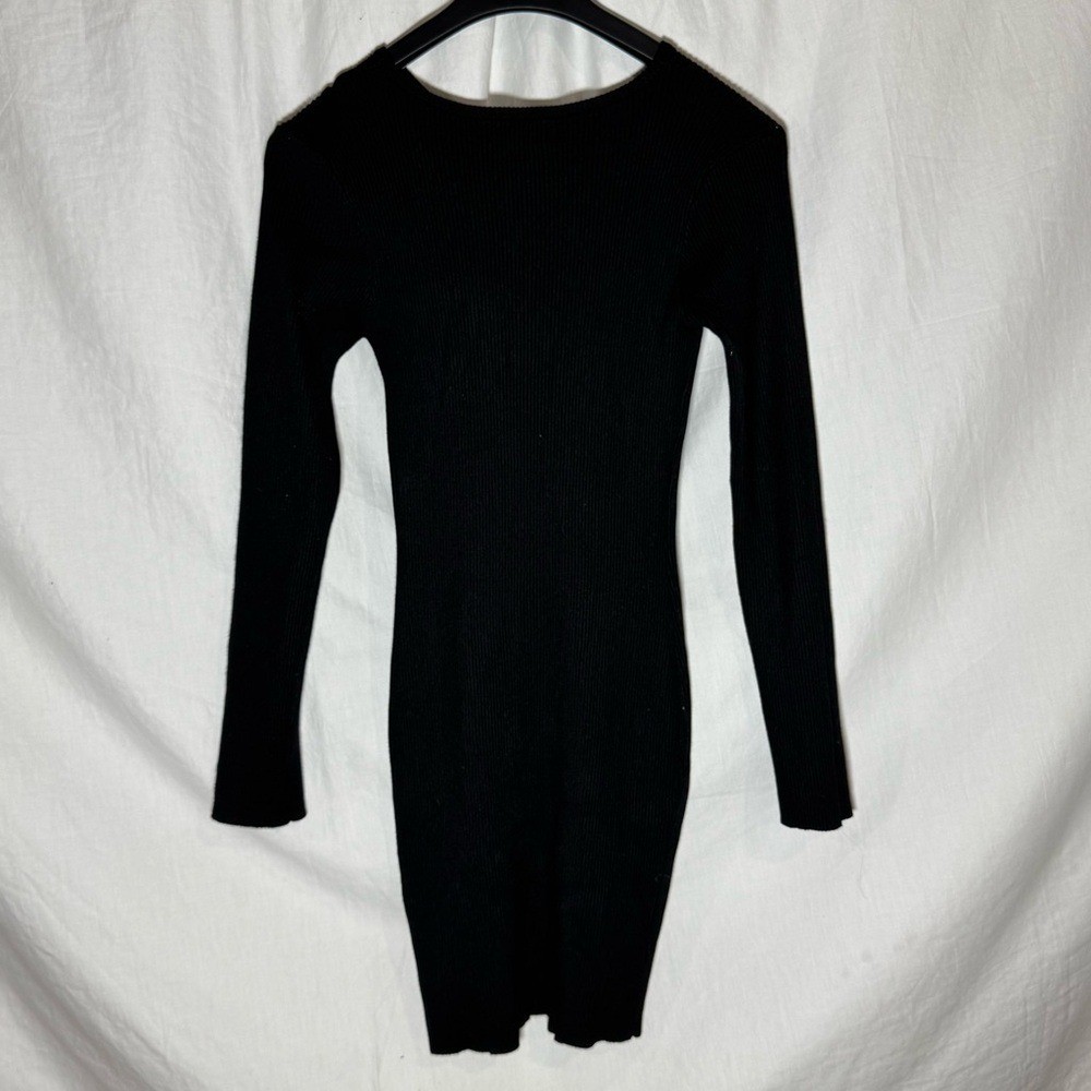Black Ribbed Knit Mini Long Sleeve Dress with Asymmetric Shoulder Cut-out Detail