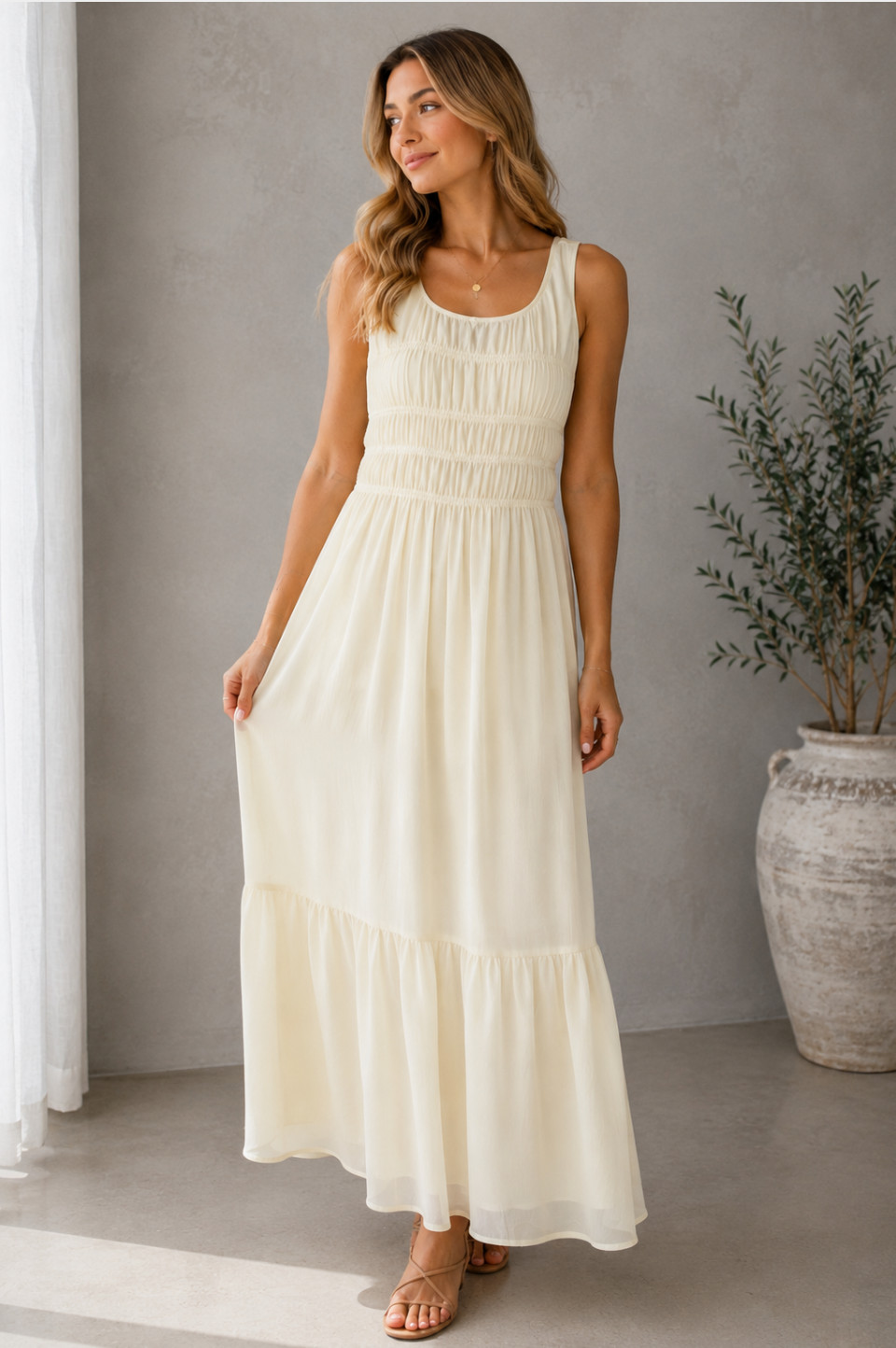 Chiffon Smocked Maxi Dress Women’s S Ivory Sleeveless Romantic Ruffle Tiered NWT