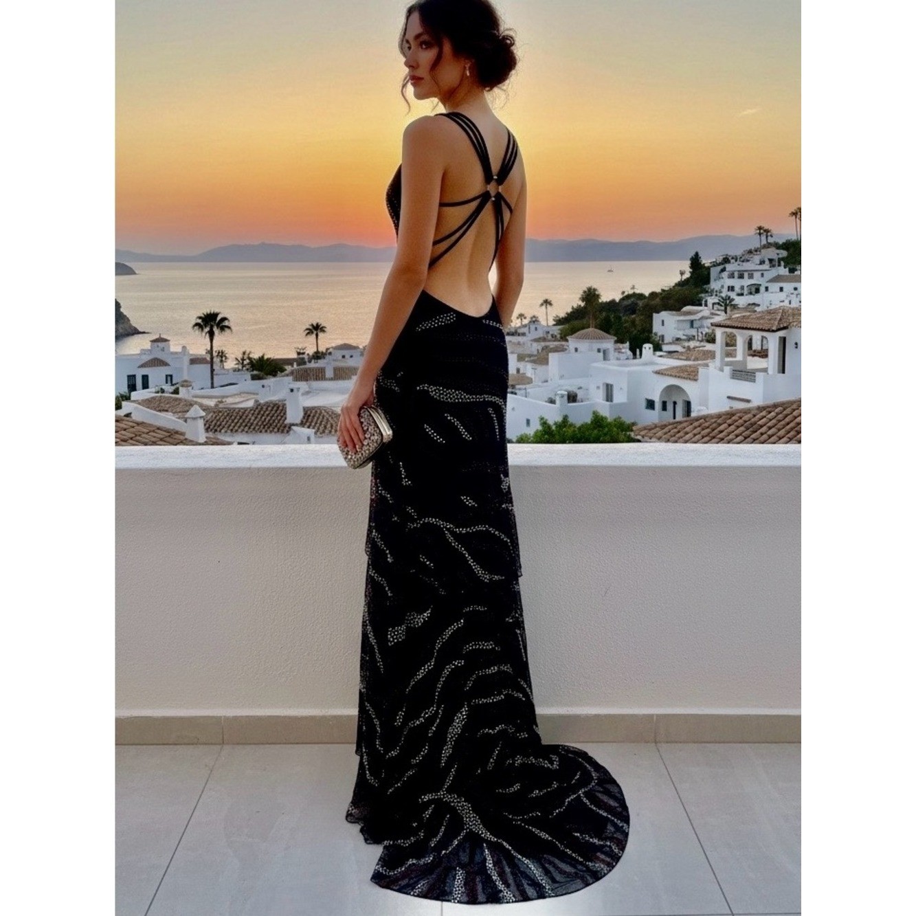 Black intricately hand beaded Sequin Mesh Maxi Dress with Double Straps stretch