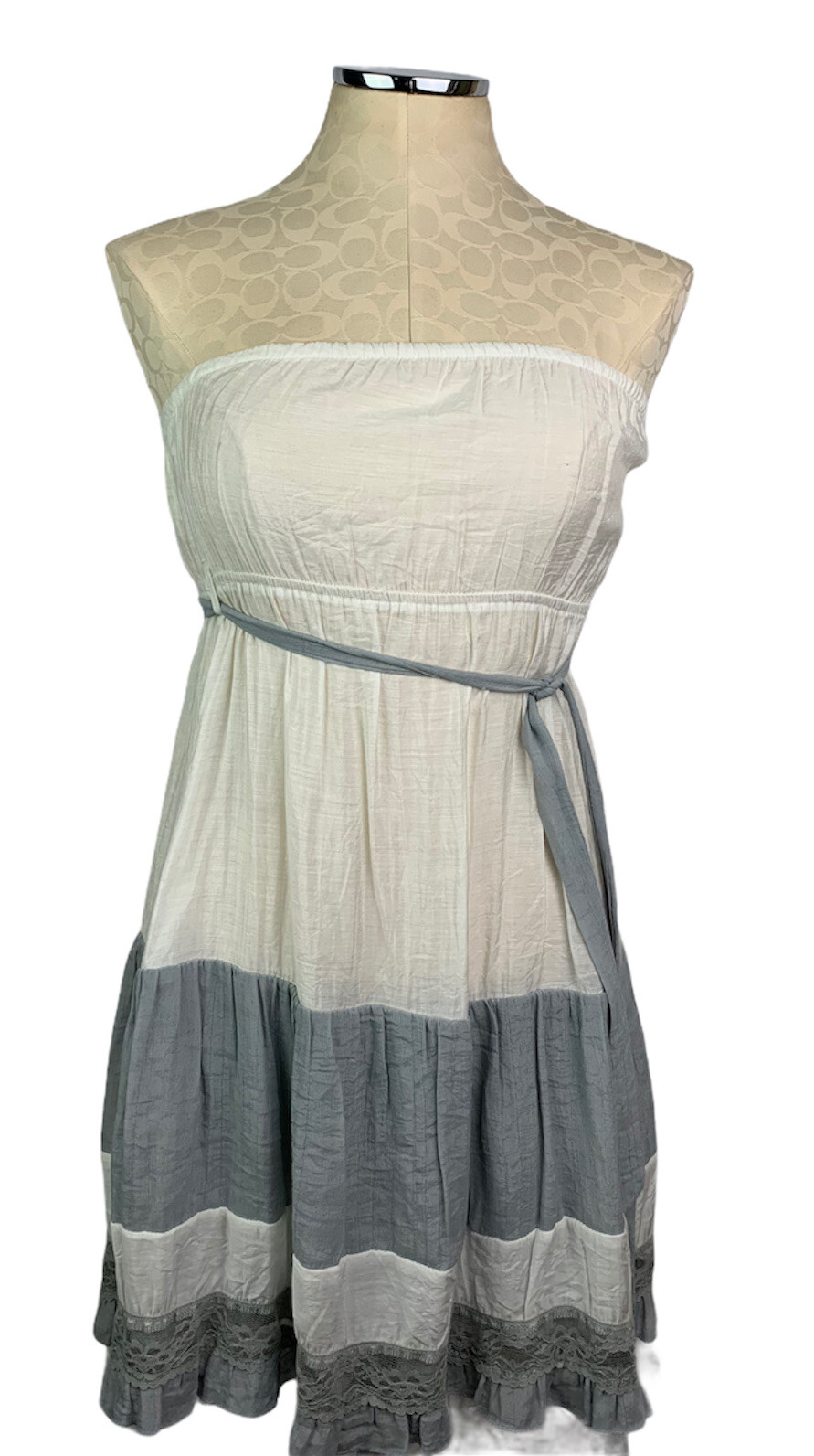 Small Ya Los Angeles Sheer Crepe Strapless Sundress Ivory and Gray Boho Junior