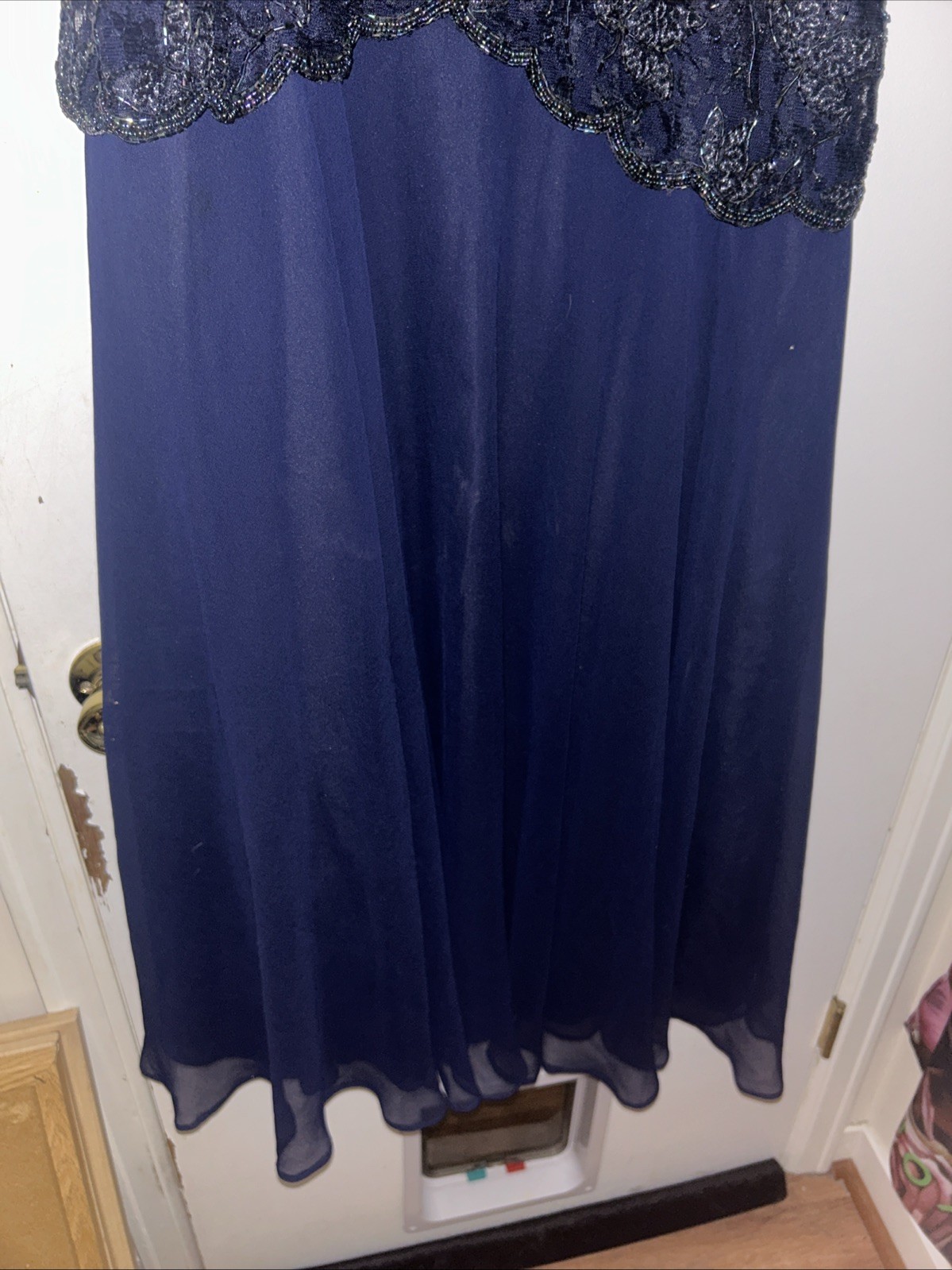 Carina by Barry Lee Navy Blue Sequin Lace Peplum Top Chiffon Skirt Dress 1X VTG
