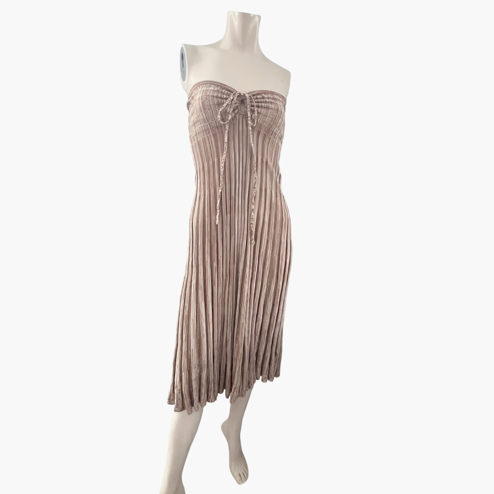 Free People Ribbed Knit Strapless Midi Dress Beige Tie Waist Smocked Bodycon
