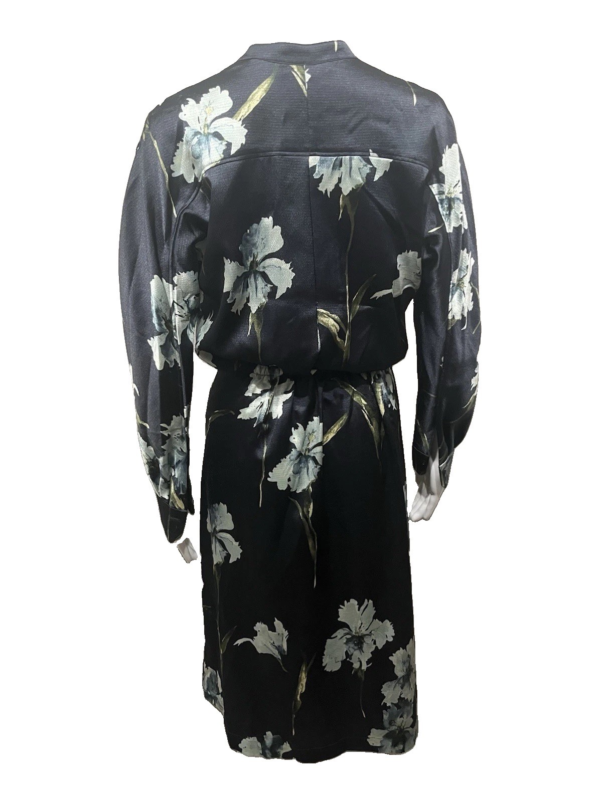Vince Navy Floral Iris Print Long Sleeve Satin Shirt Dress Coastal Size XS $345
