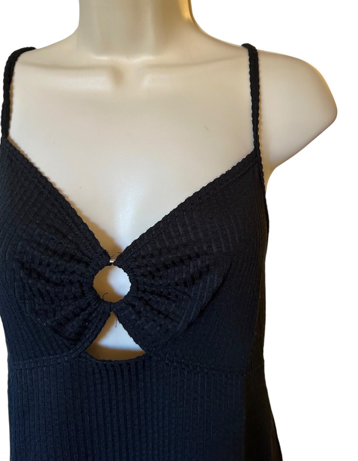 Green Envelope Women’s Ribbed Mini Dress Spaghetti Strap V-Neck Size M Black