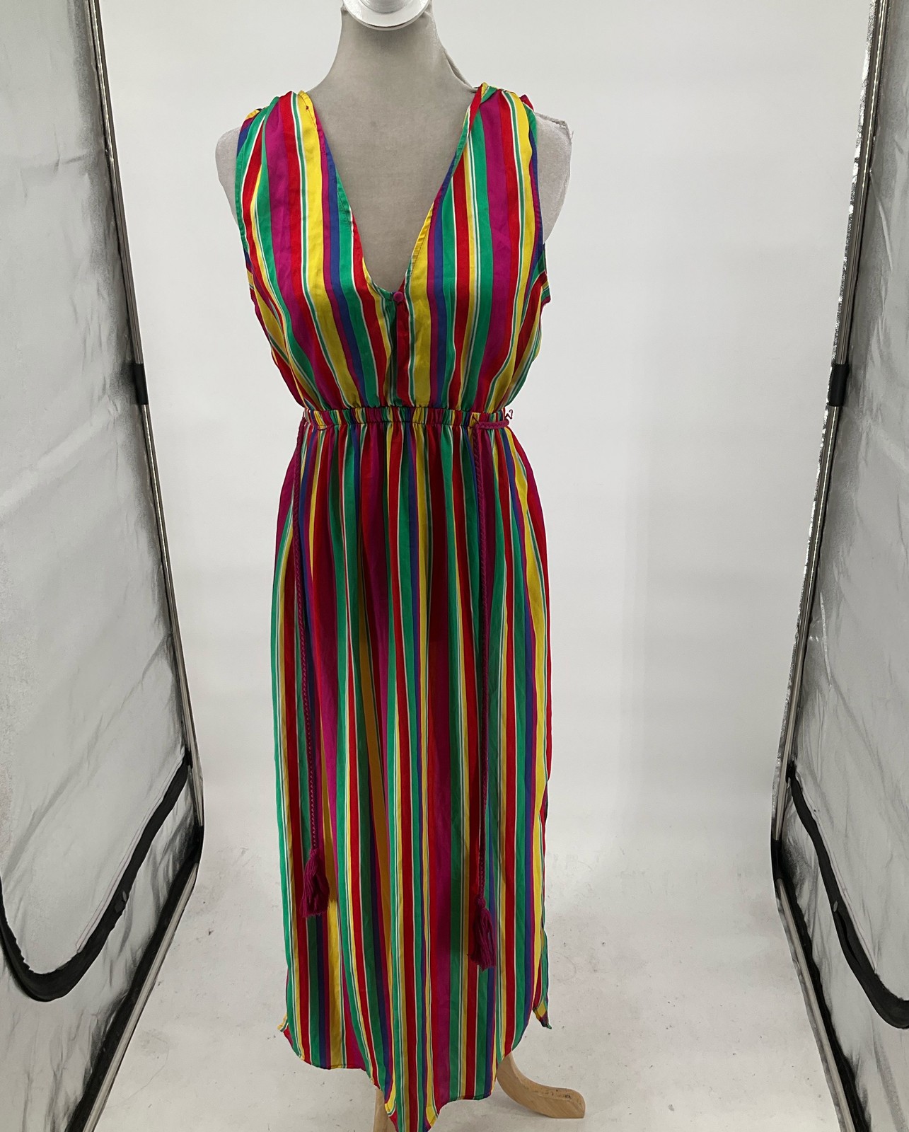BB Dakota Multicolor Striped V-Neck Keyhole Sleeveless Belted Dress Size S