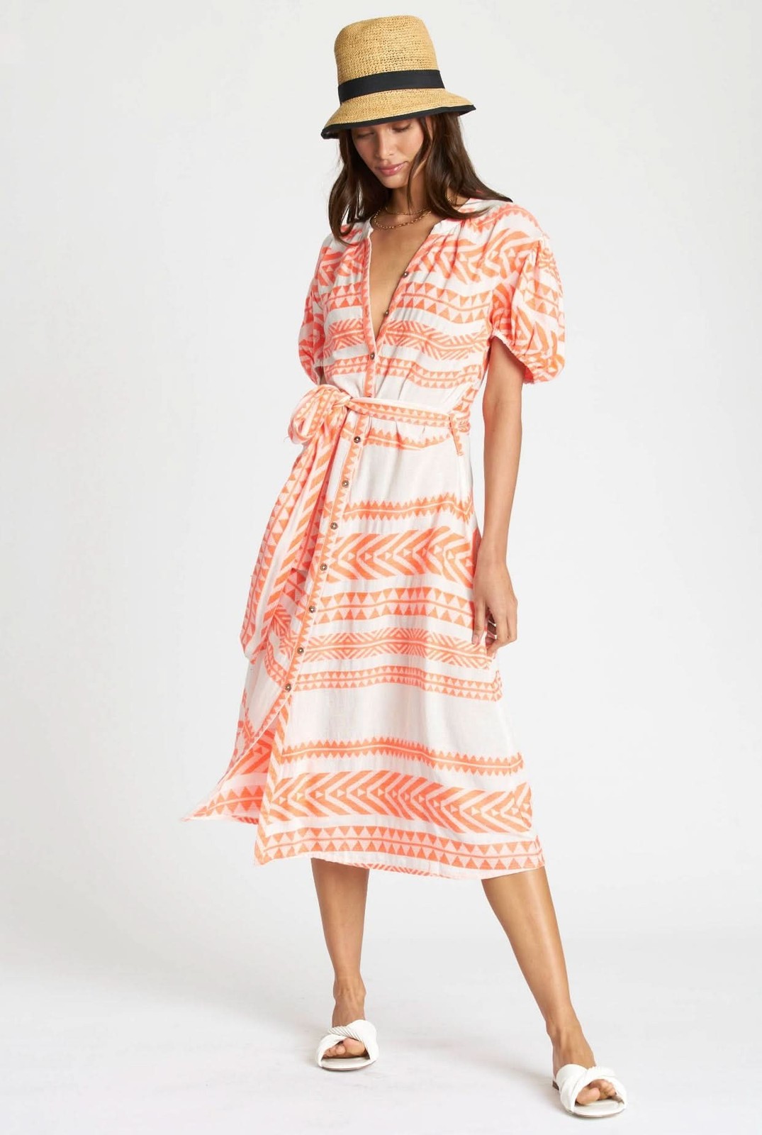 dRA Los Angeles Sera Orange Pattern Button Midi Women’s Dress