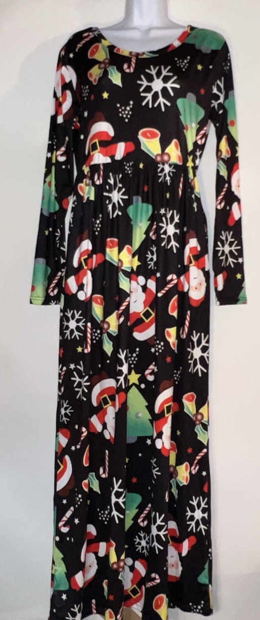 Christmas Maxi Dress Side Pockets Black Santa Candy Cane Stars Medium Stretchy