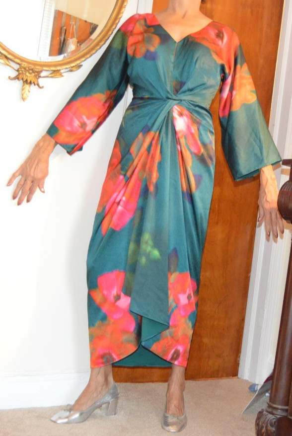 FIGUE Green Pink Floral Knot Front Poly Midi KYLE Dress Dolman Sleeves New 4