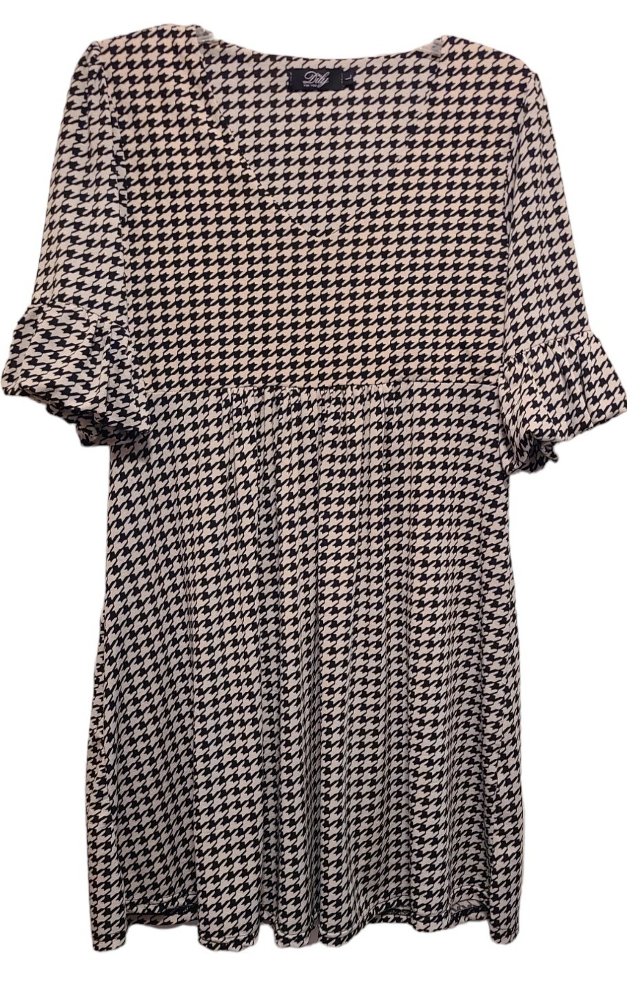 Houndstooth Shift Dress SIZE L Black White ¾ Ruffle Sleeve Dily Crimson Tide