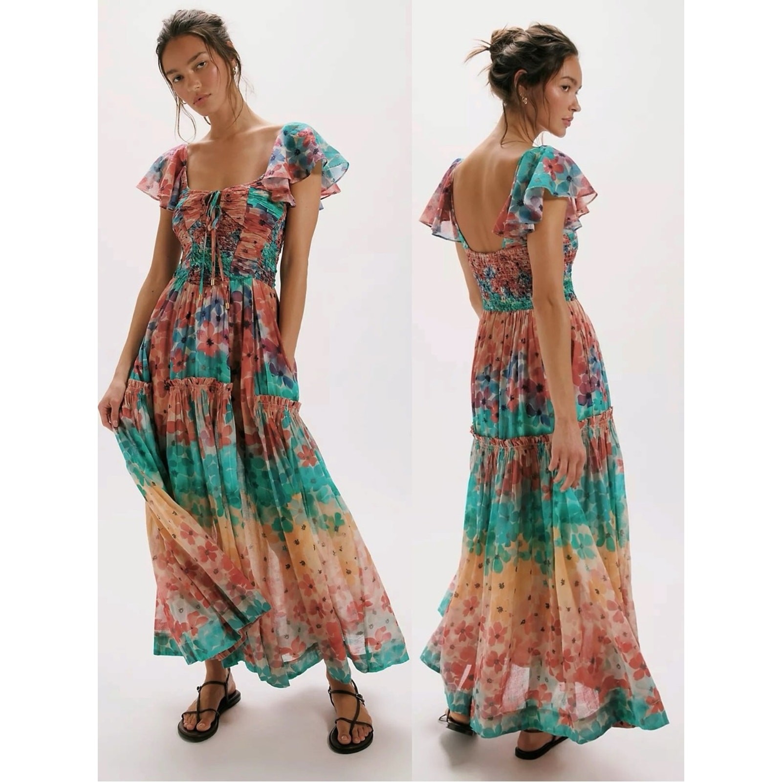Free People Sunshine Maxi Dress in Soft Tropical Combo Size Medium NWT