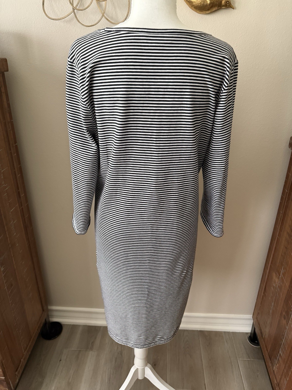 J Jill Perfect Pima Dress Medium Black White Striped 3/4 Sleeve Casual Knit