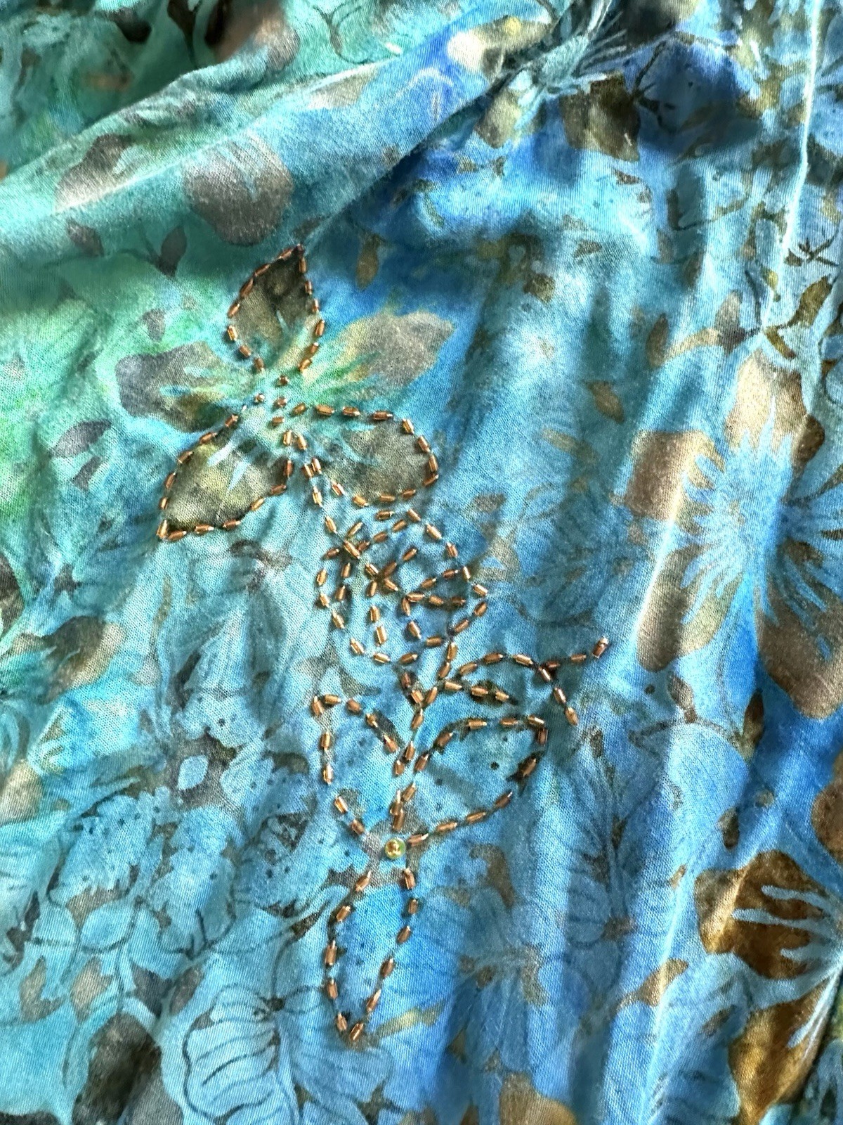 Pineapples Hawaii XL Beaded Floral Halter Dress Blue Rayon Resort Tropical