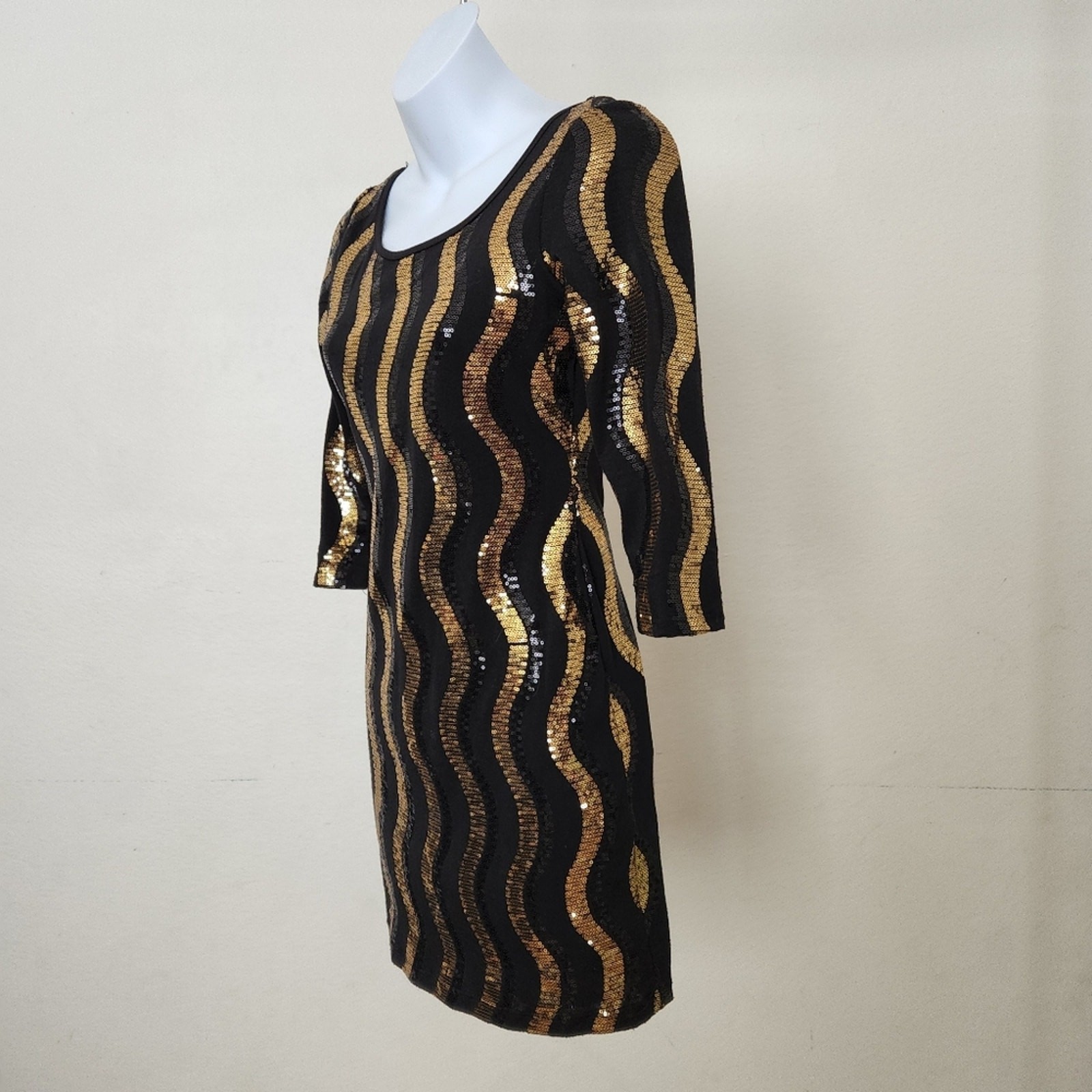 Foreign Exchange Black & Gold Sequin Bodycon Mini Dress – Size M – Retro Disco