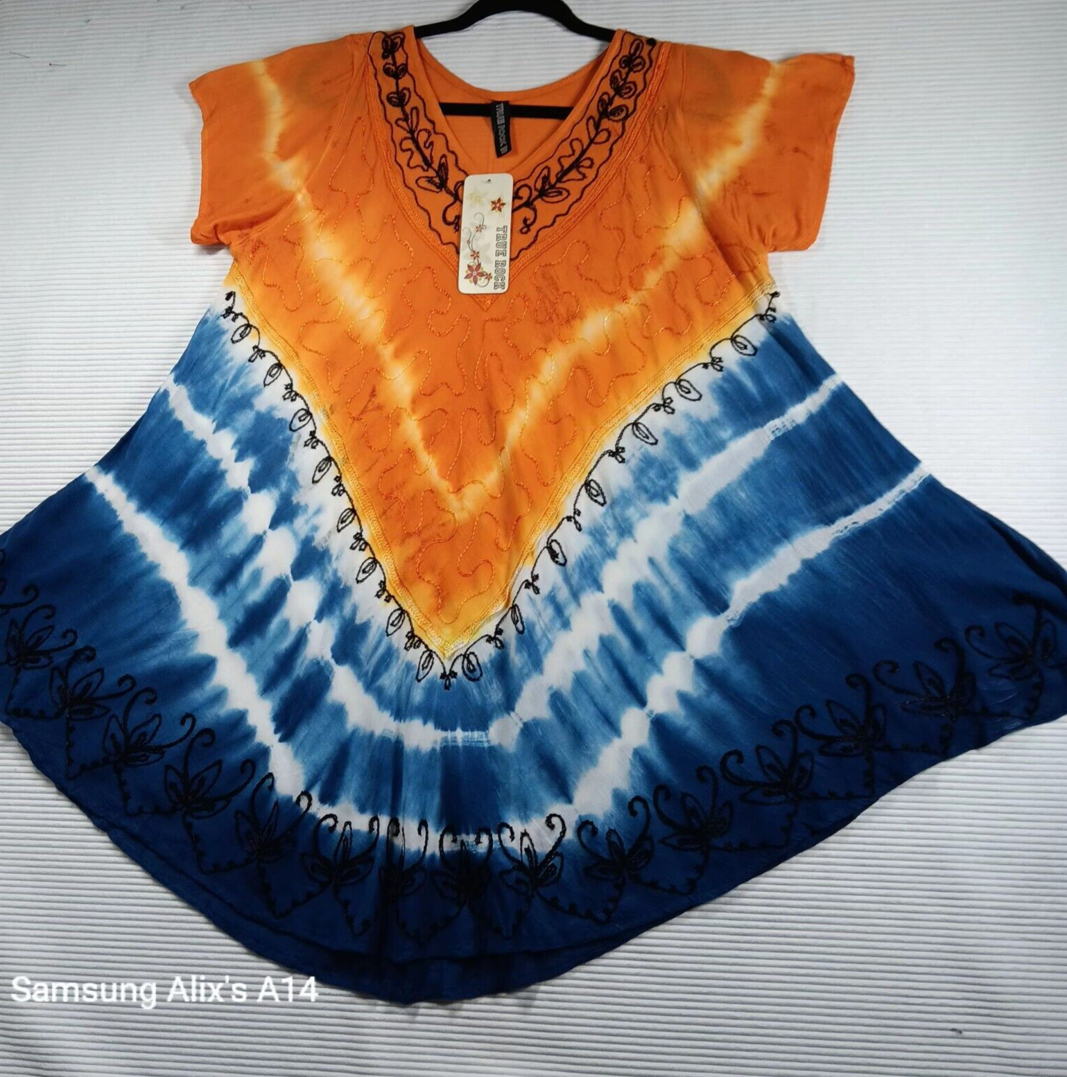 True Rock Free Size Tie Dye Embroidered Appliqued V Neck Point Hem Crinkle Dress