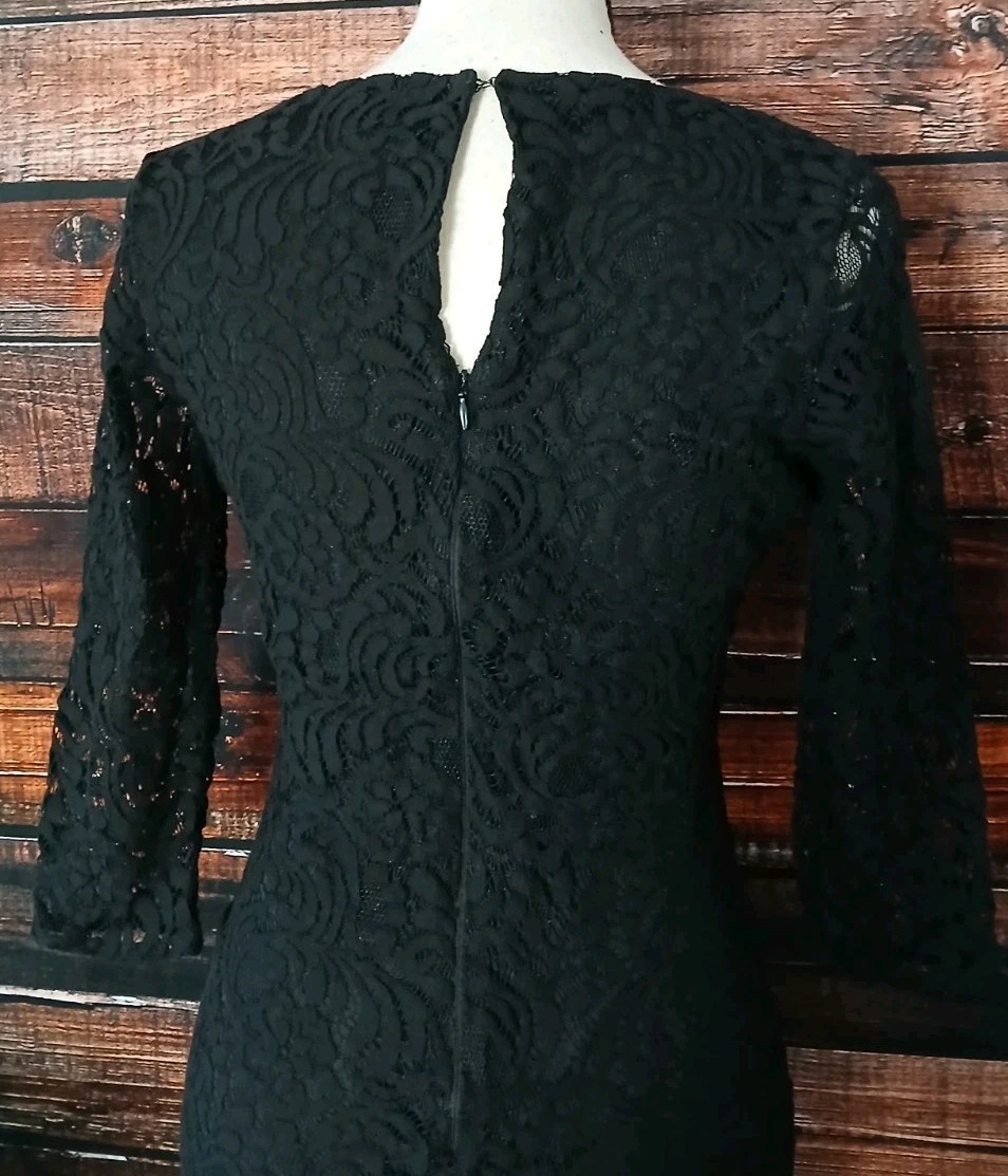 Eva Mendes NY & Co Dress Size 4 Black Lace Sheer 3/4 Sleeves Stretch Lined Zip