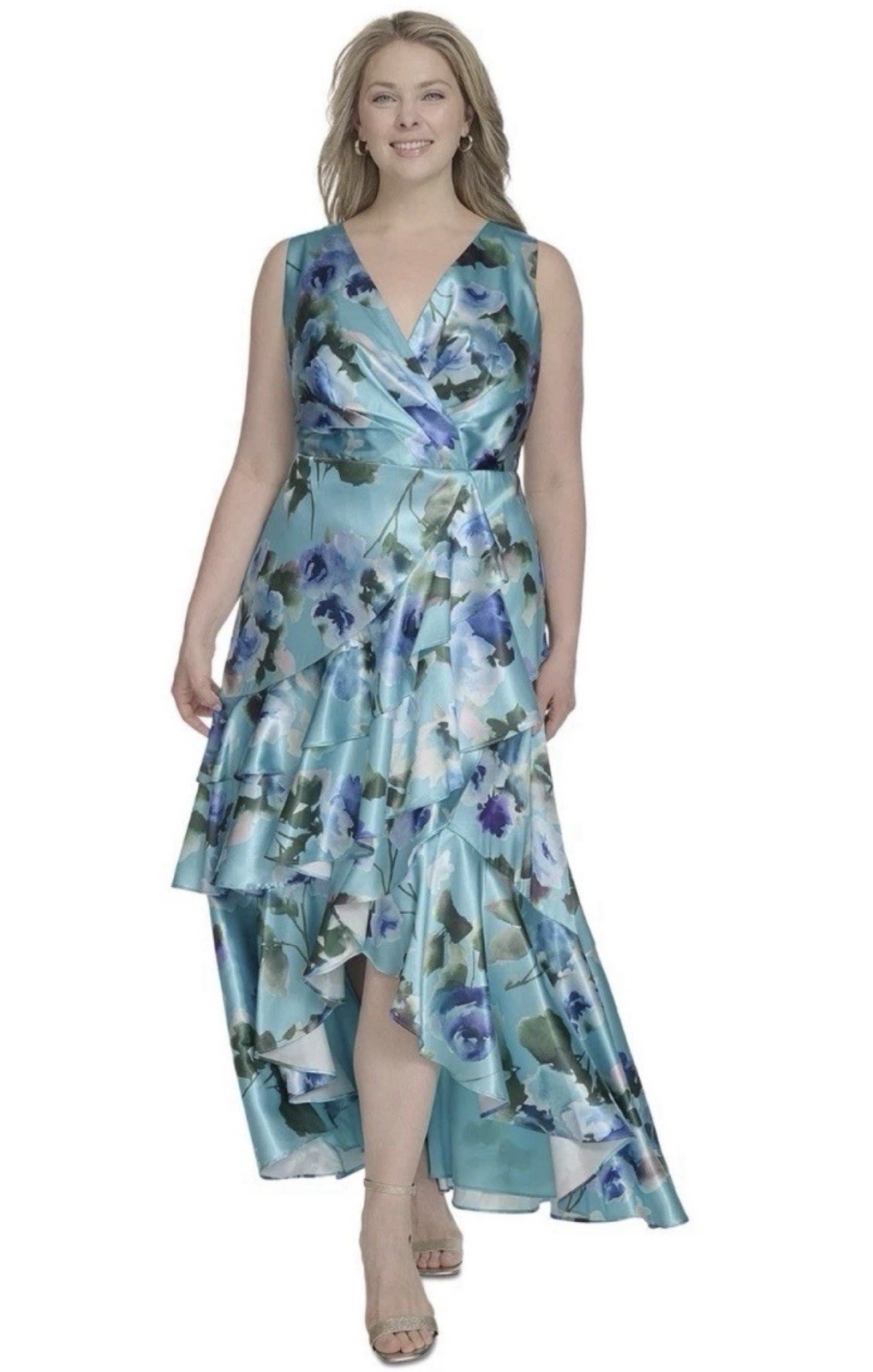 NWT Eliza J Plus aqua floral satin high low ruffle hem surplice bodice dress