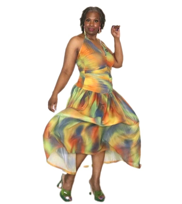 SHEIN Sexy Abstract Printed Deep Plunge Ruched Halter Maxi Dress Size L (8/10)