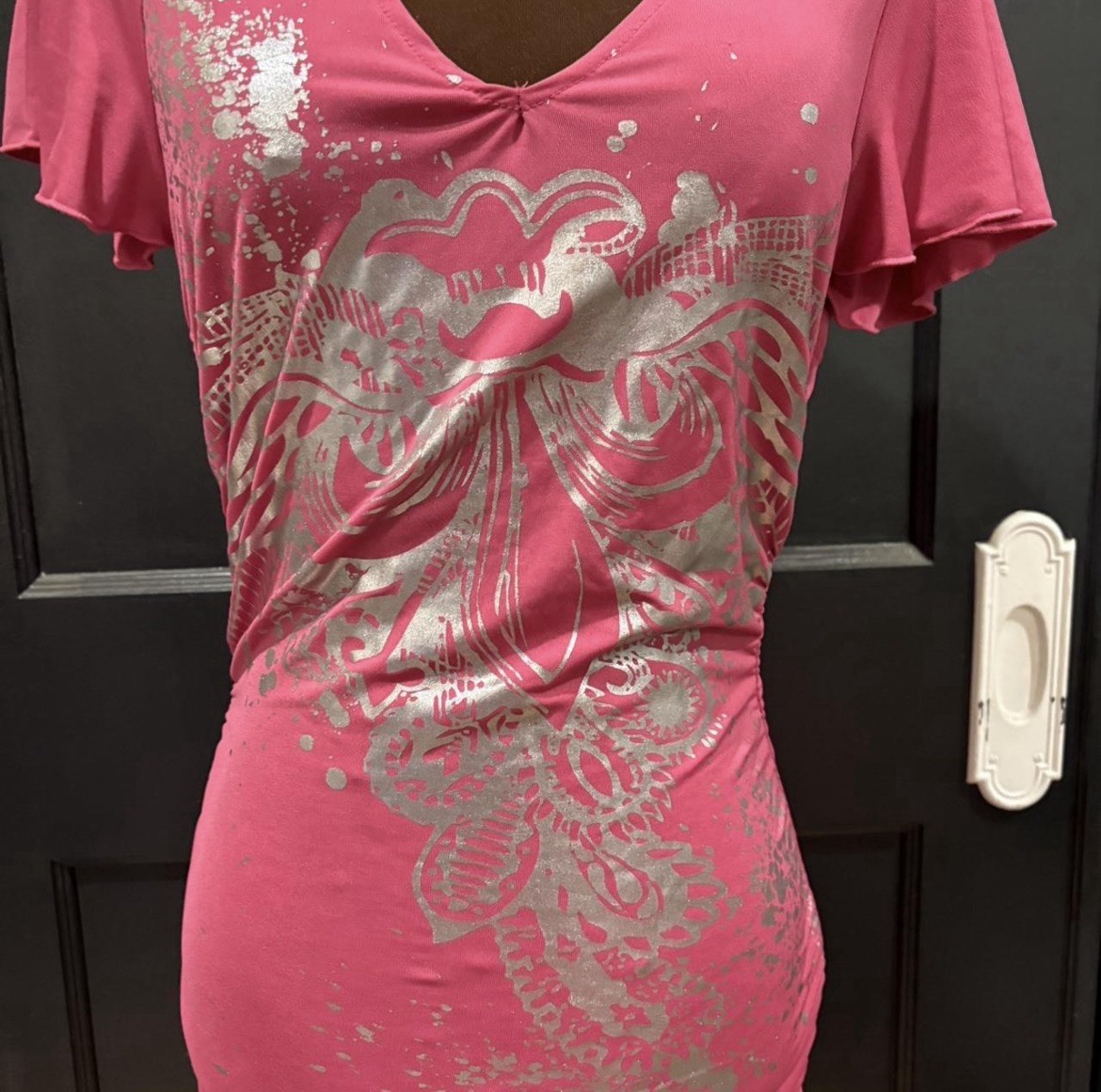 VTG Y2K Dereon Beyonce Womens Medium Fleur De Lis Pink BodyCon Dress Zip Midi