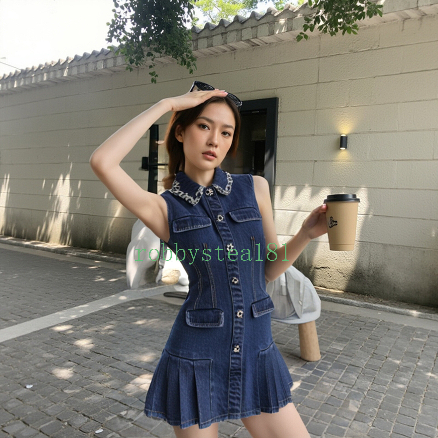 Self-Portrait rhinestone lapel sleeveless single-breasted bouffant Denim dress
