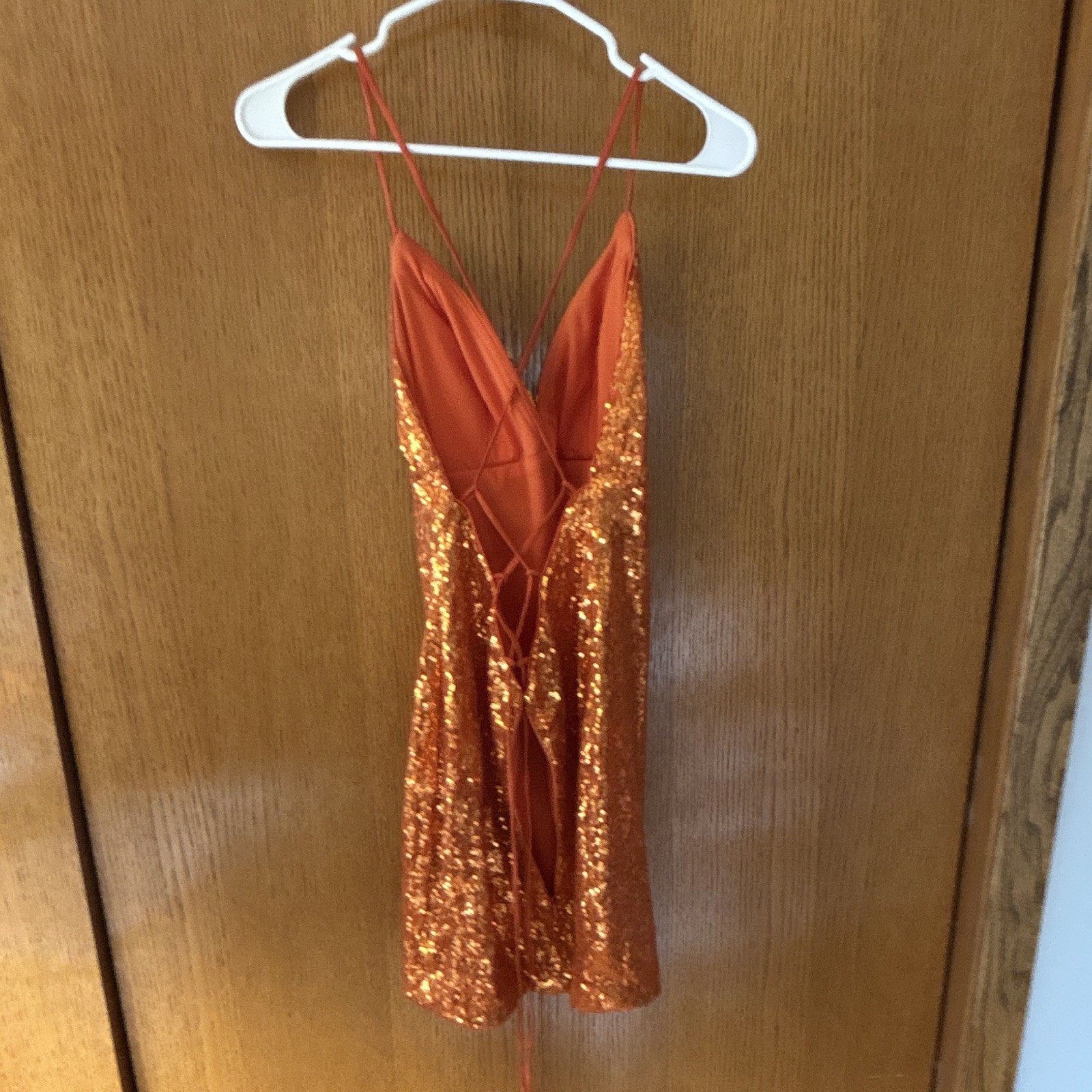 Orange Sequin V-Neck Lace-Up Open Back Mini Slip Dress Women’s Size 9