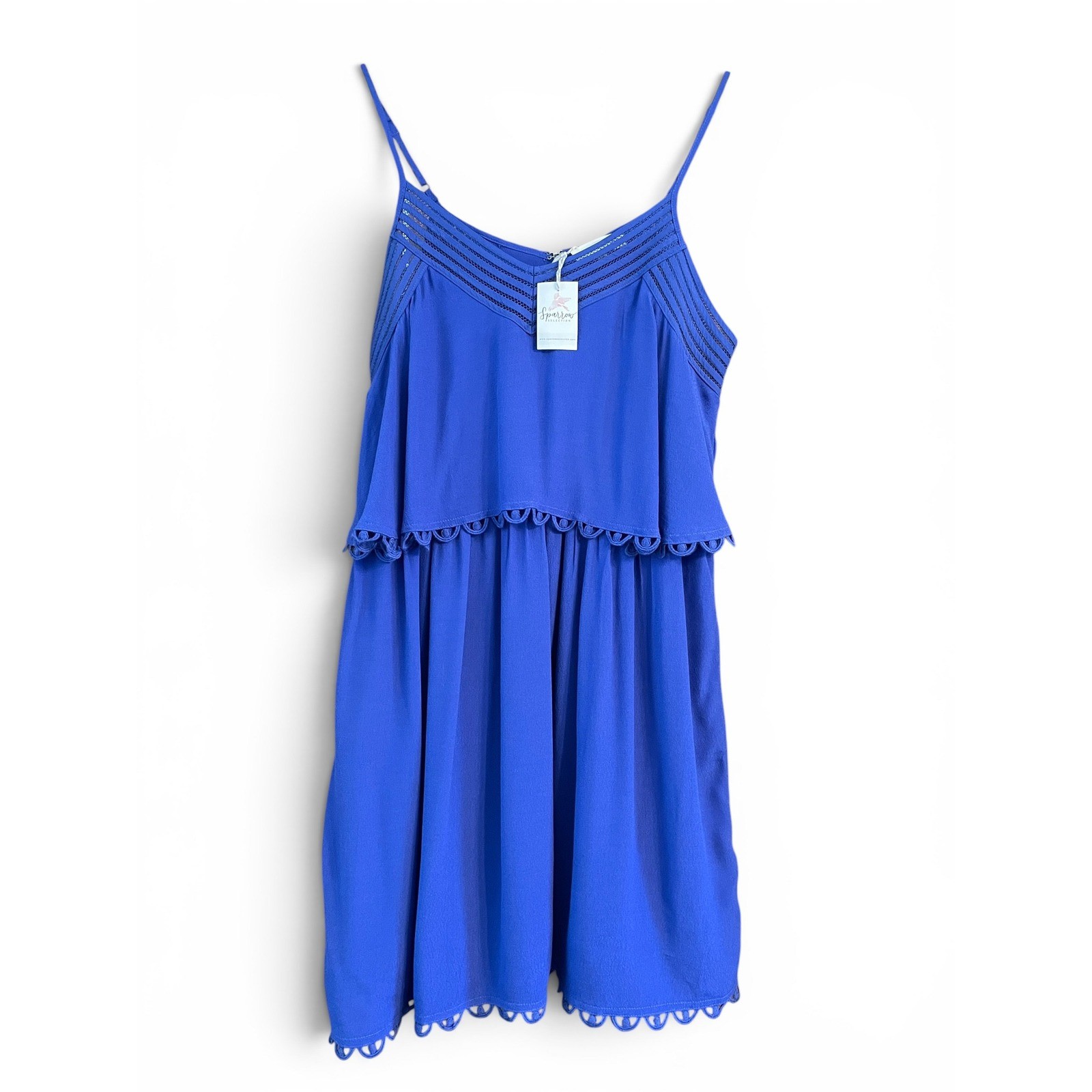 Sugarlips Mini Dress Womens L NWT Cobalt Blue Tiered Cami Crochet Trim Boho