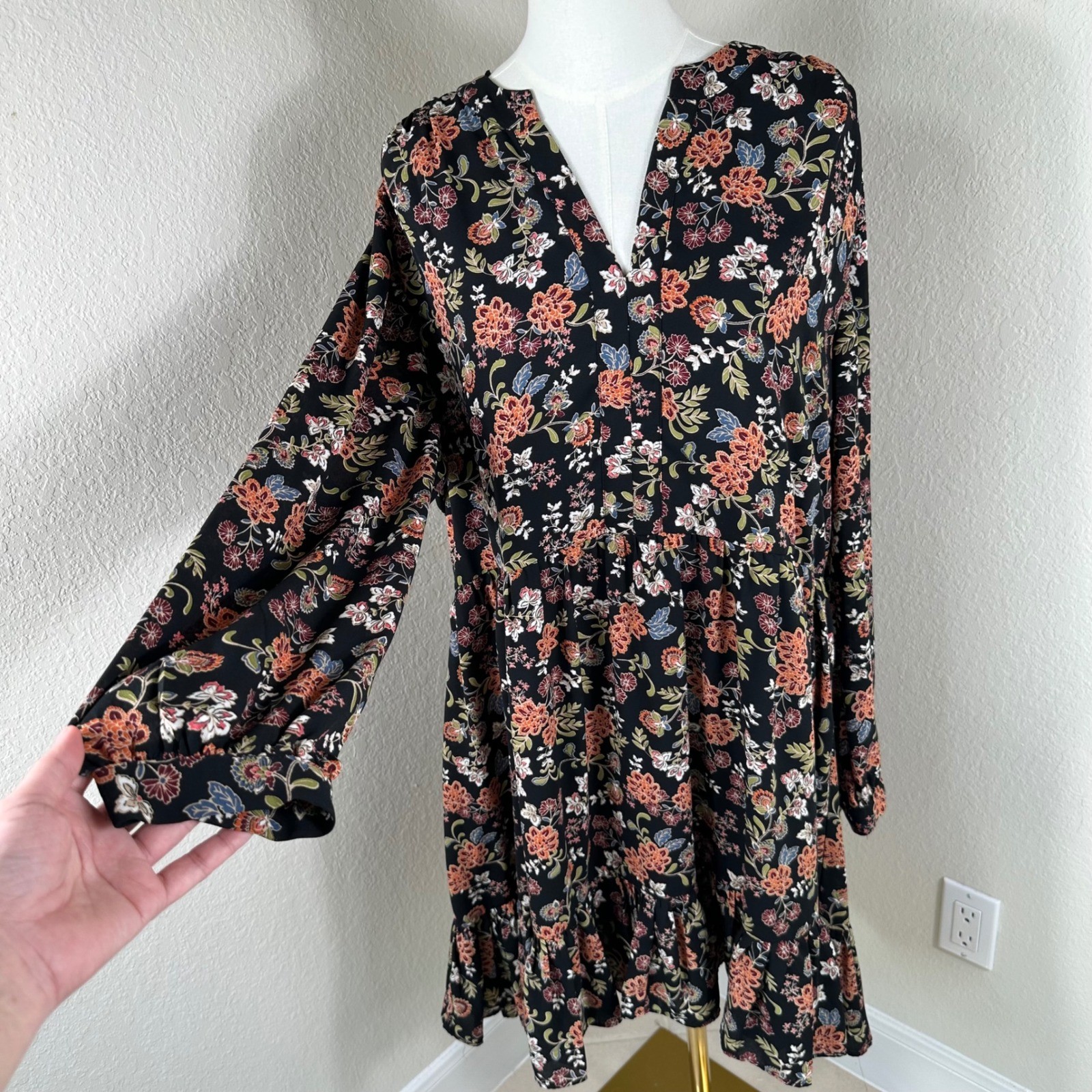 Vince Camuto Dress Women XL Black Floral Boho Cottagecore Tiered LS Knee Length
