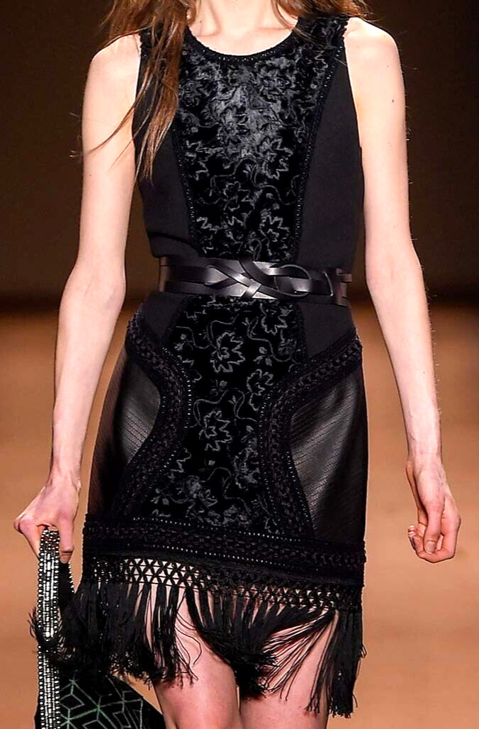 Andrew GN 2015 Runway Embroidered Fringe Leather Black Dress US 4 6 / FR 38