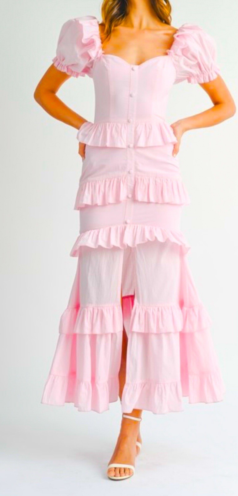 Lovely Cream Pink Puff Sleeve Ruffle Women’s New Maxi dress New S,M,L
