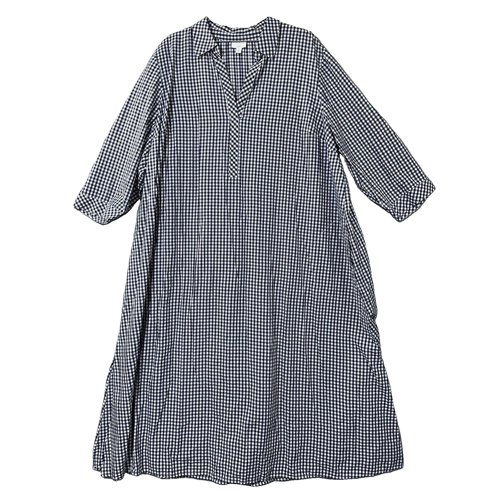 J Jill Popover Maxi Shirt Dress 4X Gingham Navy White Pockets Pintuck Country