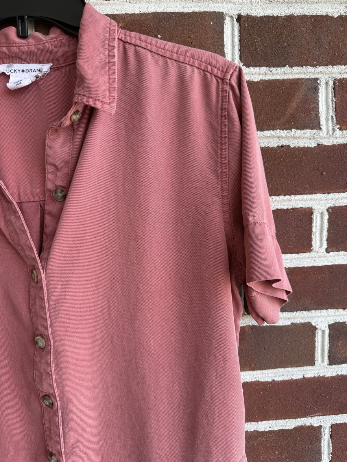 Lucky Brand M Salmon Lyocell Twill Shirt Dress Short Sleeve Button Front Pockets